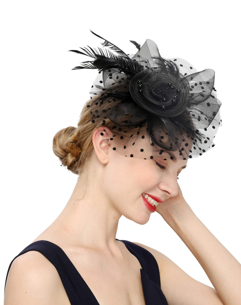 [Australia] - Fascinators Hat for Women Tea Party Headband Kentucky Derby Wedding Flower Cocktail Mesh Feathers Hair Clip 1-a-black 