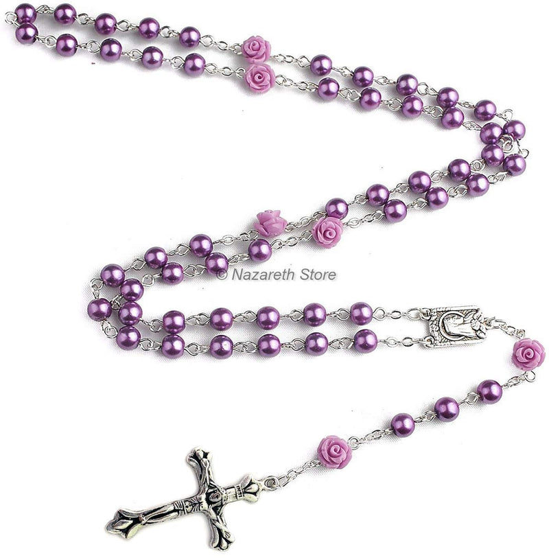 [Australia] - Nazareth Store Catholic Purple Pearl Beads Rosary Necklace Our Rose Lourdes Medal & Cross NS 