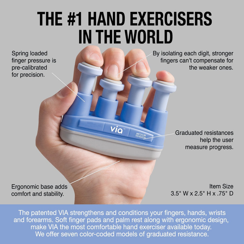 [Australia] - PROHANDS VIA Hand Exerciser, Finger Exerciser (Hand Grip Strengthener), Spring-Loaded, Finger-Piston System, Isolate and Exercise Each Finger 6 lb (Medium Tension) Blue - Via 