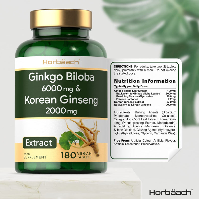 [Australia] - Ginkgo Biloba 6000mg & Korean Panax Ginseng 2000mg | 180 Vegan Tablets | High Strength Supplement | No Artificial Preservatives 