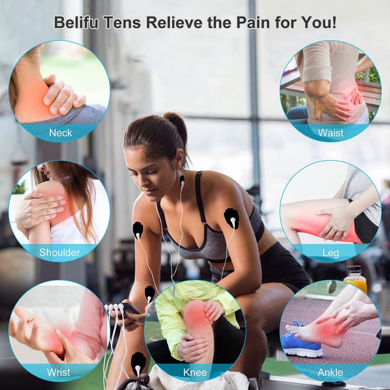 [Australia] - Belifu 4 Independent Channel TENS EMS Unit, 24 Modes,30 Level Intensity Muscle Stimulator Machine, Rechargeable Electric Pulse Massager with 10 Pads&5 Set Leads Wires, for Pain Relief Therapy(Black) Black 