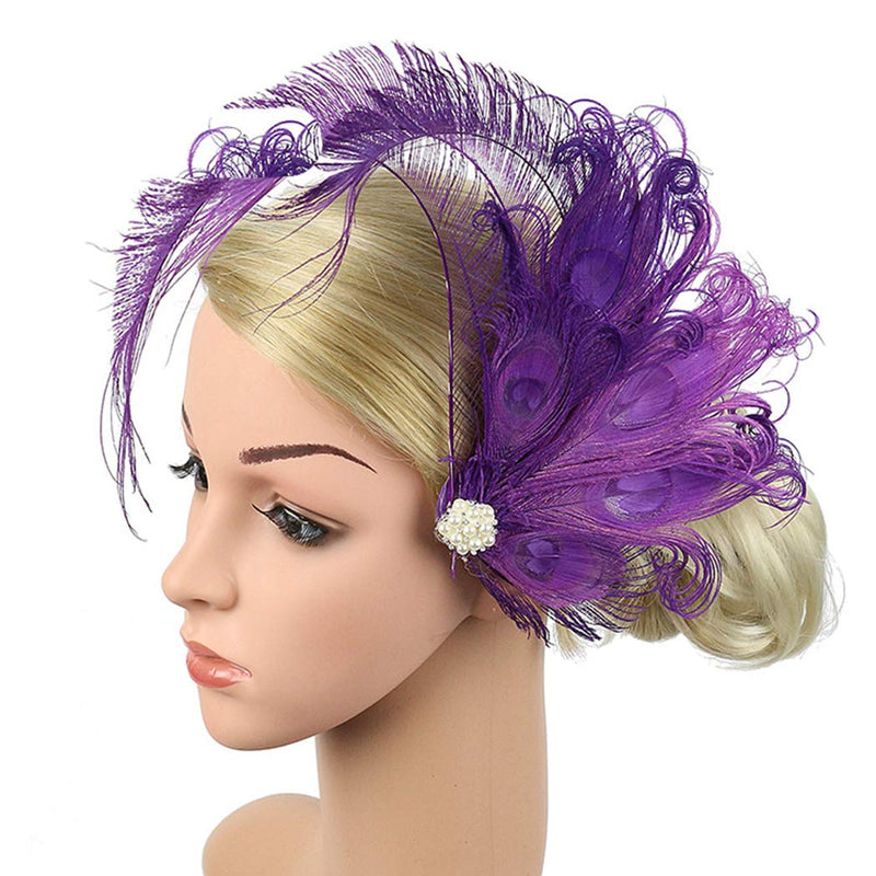 [Australia] - Fxaelian 20s Peacocok Feather Fascinator Clips Headpiece Headband Flapper Hair Clips Kentucky Gatsby Tea Party Wedding Derby Performance for Women Purple 