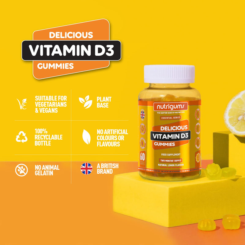 [Australia] - Vitamin D3 | 60 Lemon Flavour Gummies | Two Month Supply | 1000iu High Strength for Immune, Bones & Muscle Support | Suitable for 12+ Years by NUTRIGUMS� 