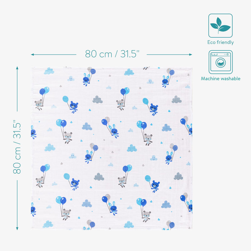 [Australia] - Navaris Muslin Cloths for Baby (Pack of 4) - 80 x 80 cm Squares for Burping, Blanket, Cot - Super Soft Bamboo and Cotton Animals 