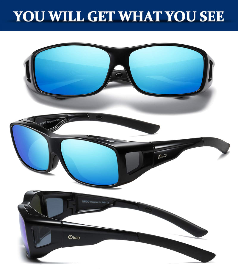 [Australia] - DUCO Unisex Wraparound Fitover Glasses Polarized Wear Over Sunglasses 8953 L Size Black Frame Revo Blue Lens 