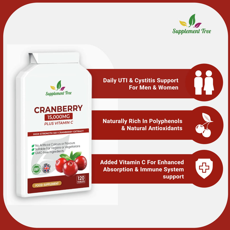 [Australia] - Triple Strength Cranberry Tablets 15,000mg | 120 Vegan Tablets with VIT C | High Strength Cranberry Extract Tablet | UTI Cystitis Support for Men & Women | Cranberry Pills Supplement | UK Manufactured 
