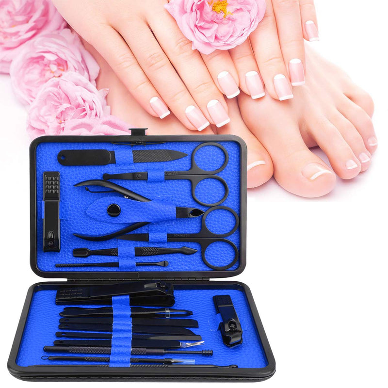 [Australia] - Manicure Set, ESARORA 18 In 1 Stainless Steel Professional Pedicure Kit Nail Scissors Grooming Kit with Black Leather Travel Case 18 in 1 Blue 