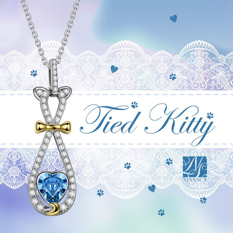 [Australia] - NINASUN Tied Kitty Women Christmas Necklace 925 Sterling Silver Pendant Necklace Heart Design Animal Jewelry Made with Swarovski Crystals Hypoallergenic Material with Gift Box Aquamarine 