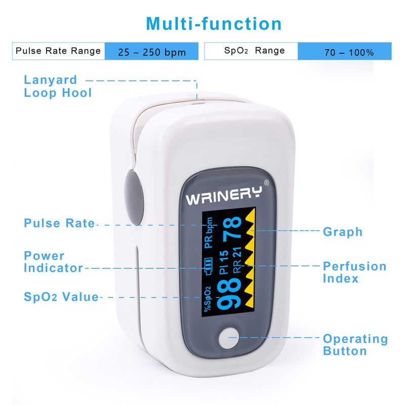 [Australia] - WRINERY Fingertip Pulse Oximeter, Oxygen Saturation Monitor, O2 Saturation Monitor, OLED Portable Oximetry with Batteries, Lanyard (Gray-White) 