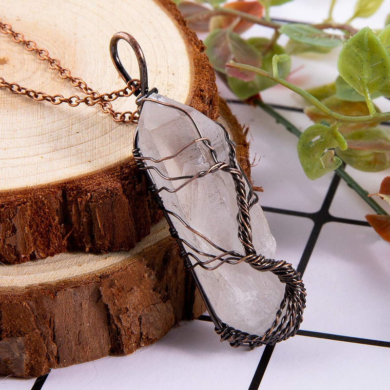 [Australia] - Bivei Tree of Life Copper Wire Wrapped Natural Quartz Necklace Reiki Healing Crystal Point Chakra Pendant Jewelry Gift for Women #4 Bronze Natural Clear 