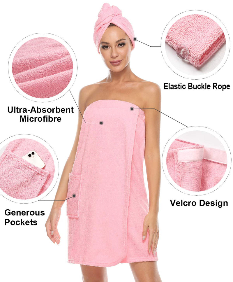 [Australia] - Orrpally Women Bath Wrap Spa Towel & Hair Towel Body Wrap Robe lightweight Adjustable Closure Women's Towel Wrap Bathrobe Pink Small-Medium 