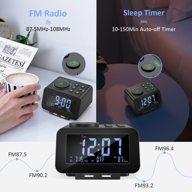 [Australia] - USCCE Digital Alarm Clock Radio - 0-100% Dimmer, Dual Alarm with Weekday/Weekend Mode, 6 Sounds Adjustable Volume, FM Radio w/ Sleep Timer, Snooze, 2 USB Charging Ports, Thermometer, Battery Backup Black 