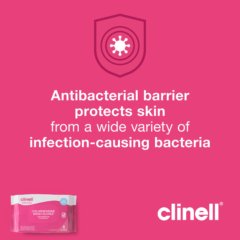 [Australia] - Clinell Chlorhexidine Wash Gloves - Pack of 8 Gloves - Body Wipes, Rinse Free Solution, Kills Bacteria, Dermatologically Tested Single 