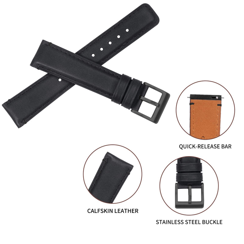 [Australia] - TStrap Leather Watch Band 20mm - Soft Brown Quick Release Watch Strap Replacement - Square Tail Smart Watch Bands for Men Women - Men’s Watch Bracelet Clasp Buckle - 18mm 20mm 22mm Black/Black Clasp 