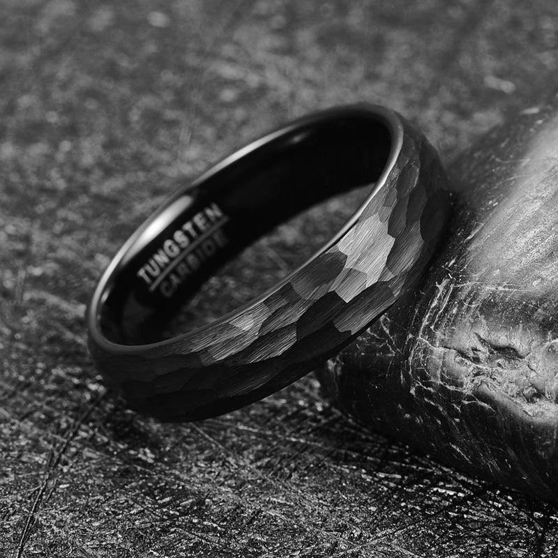 [Australia] - VAKKI 6mm Black Hammered Wedding Bands for Men Women Brushed Faceted Tungsten Rings Size 12 