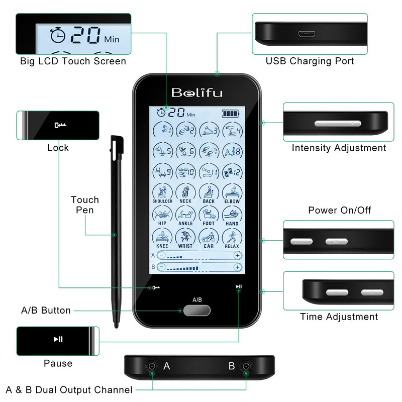 [Australia] - Belifu Dual Channel Tens Unit Electro Muscle Stimulator, Fully Isolated with Independent 24 Modes, Rechargeable Pulse Massager with Electrodes Pads for Neck Back Arms Chronic Pain Relief Body Building 