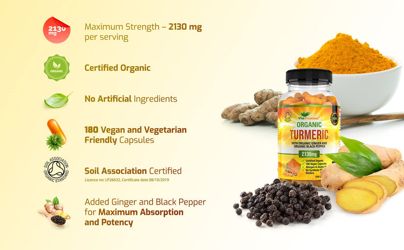 [Australia] - Organic Turmeric Curcumin 2130mg per Serving with Ginger and Black Pepper - 180 Vegan Capsules - High Strength Supplement 
