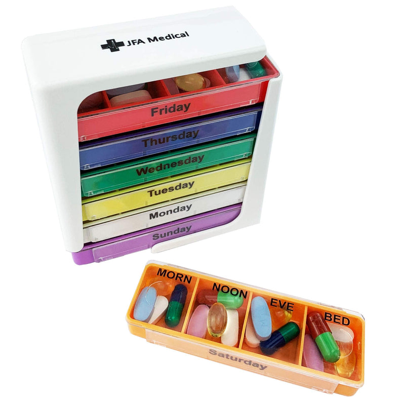 [Australia] - JFA Medical Weekly Stackable Pill Box Organiser/Reminder for Medicines Supplements, Vitamins, 7days, 4 compartments per Day – Morning, Noon, Evening and Bed 