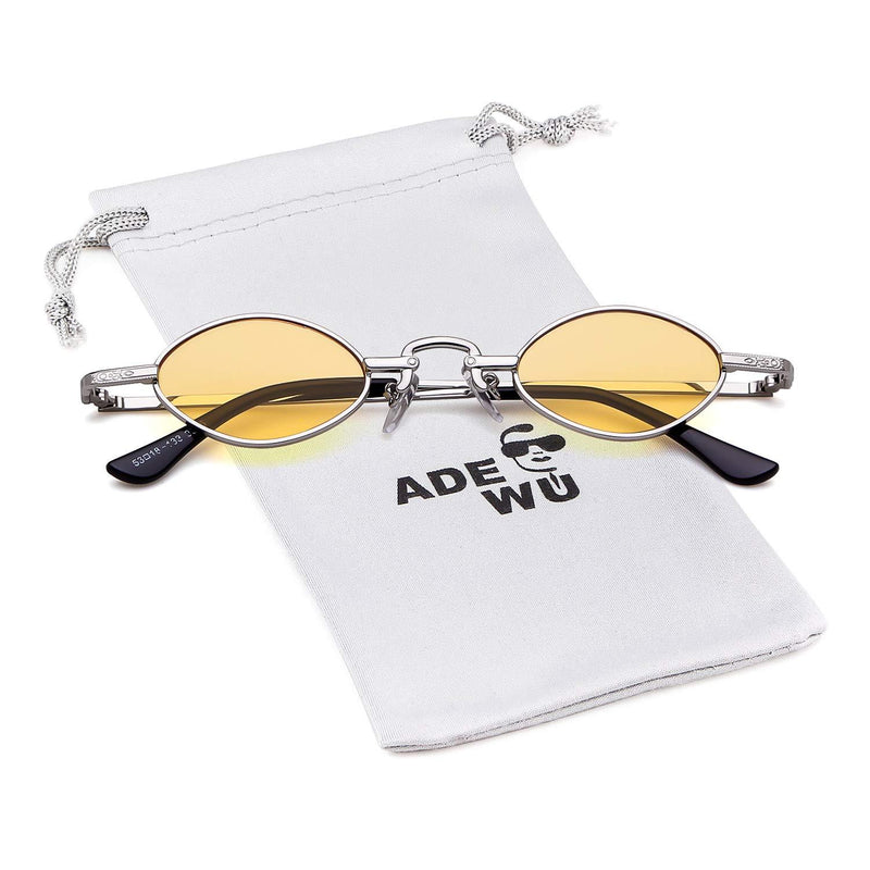 [Australia] - ADEWU Small Oval Sunglasses Retro Vintage Glasses for Women Men Oval - Yellow(lens) + Silver(frame) 