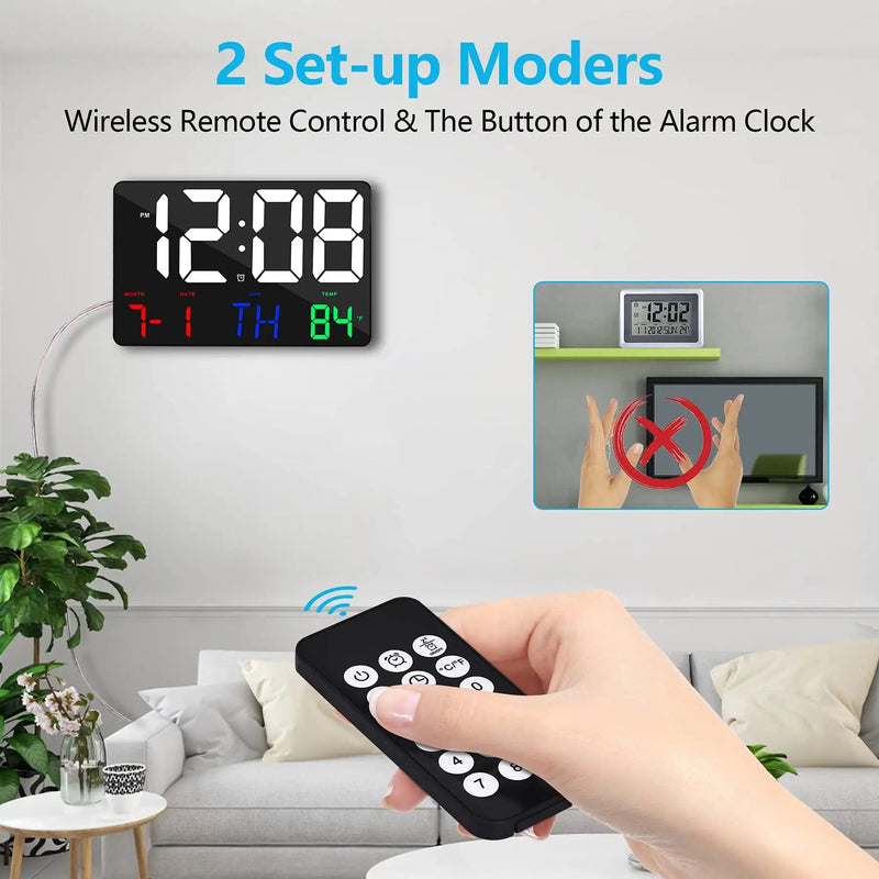 [Australia] - Amgico Digital Wall Clock ,11.4" Digital Clock Large Display,Adjustable Brightness Digital Alarm Clock with Temperature,Remote Control,12/24H,Calendar,Snooze for Bedroom,Home, Office,Elderly Black-multicolor 