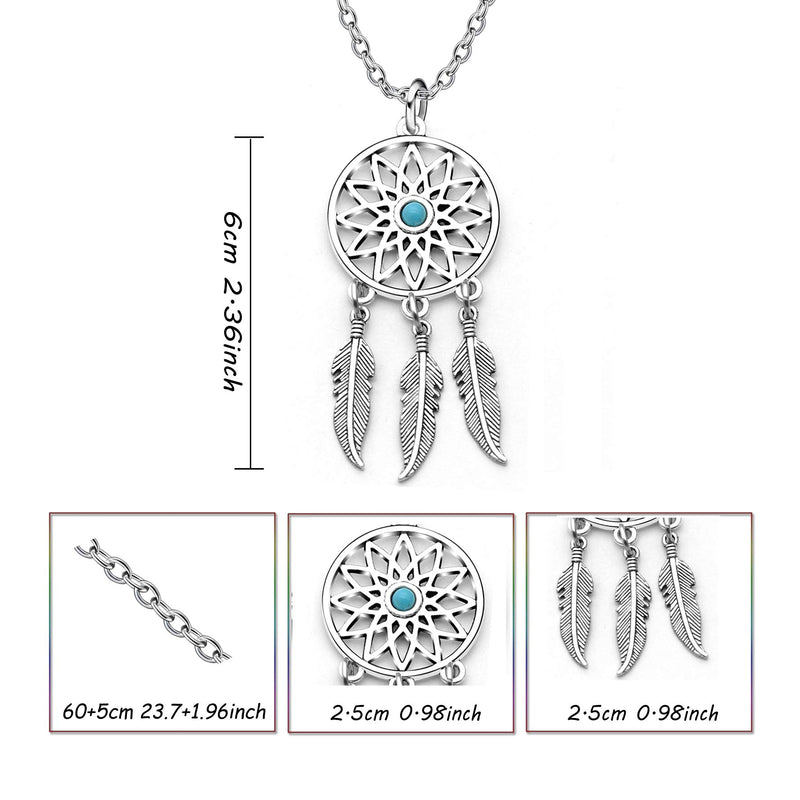 [Australia] - lauhonmin 3pcs Women Retro Silver Turquoise Feather Dream Catcher Pendant Necklace Earrings Set Family Friend Gift 