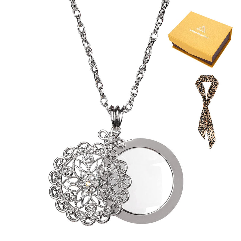 [Australia] - 5X Necklace Magnifier Magnifying Glass Flower Pendant Retro Magnifying Loupe Pocket Jewelry Magnifier Necklace Elegant Long Sweater Chain with Jewelry Box for Senior Reading (Silver-Sliding Top) Silver-sliding Top 