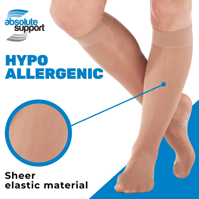 [Australia] - Knee High Compression Stockings Women 8-15mmHg for Flight Airplane Travel - Sheer Compression Support Stockings 8-15 mmHg for Women Circulation - Made in USA by Absolute Support - Beige, Large 