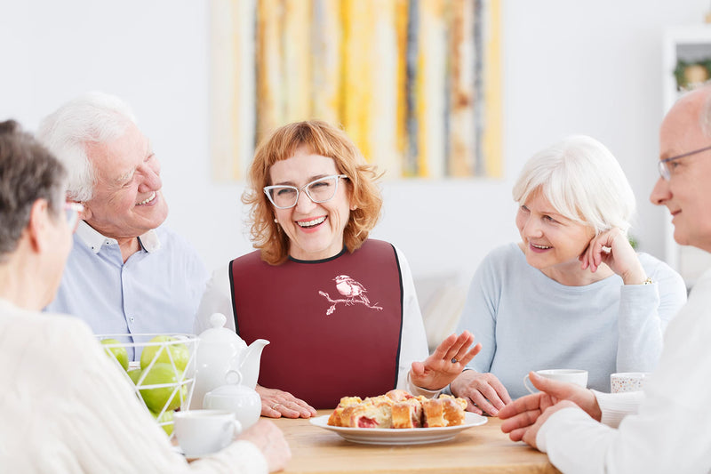 [Australia] - Adult Bibs for Eating: Reusable with Crumb Catcher Pocket - For Men and Women Chickadee Bird Burgundy 