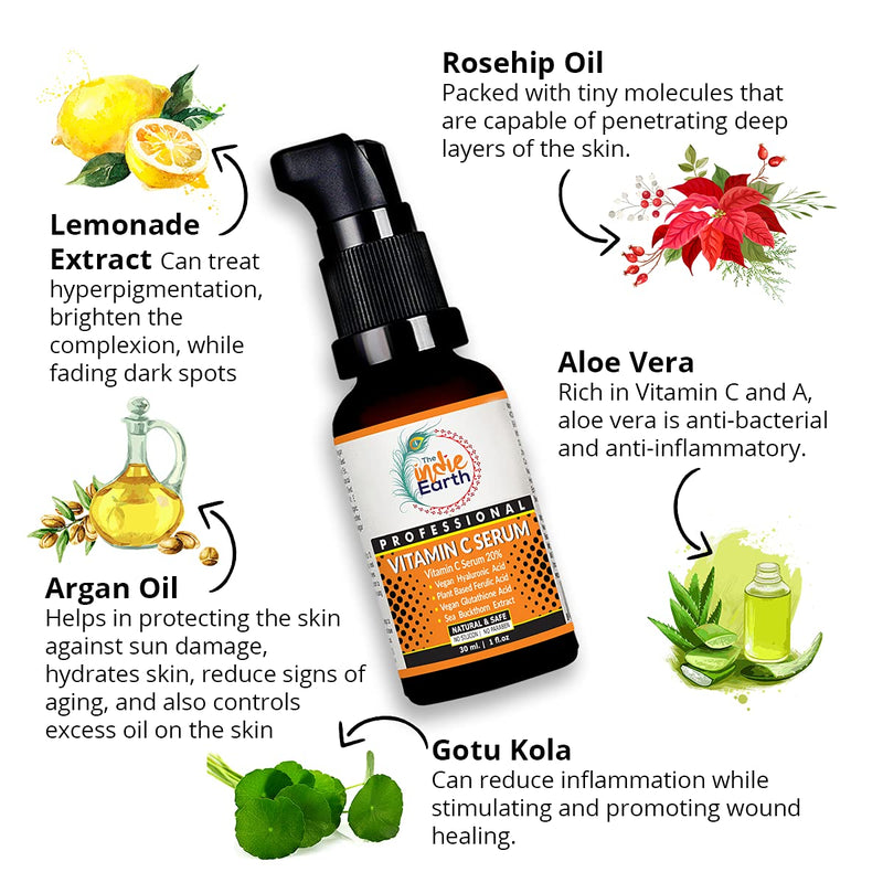 [Australia] - The Indie Earth Vitamin C Serum with Turmeric, Vitamin E, Vegan Hyaluronic Acid, Ferulic Acid and Vegan Glutathione Acid Serum (30 ml) Best Vitamin C Serum Best Fairness Serum 
