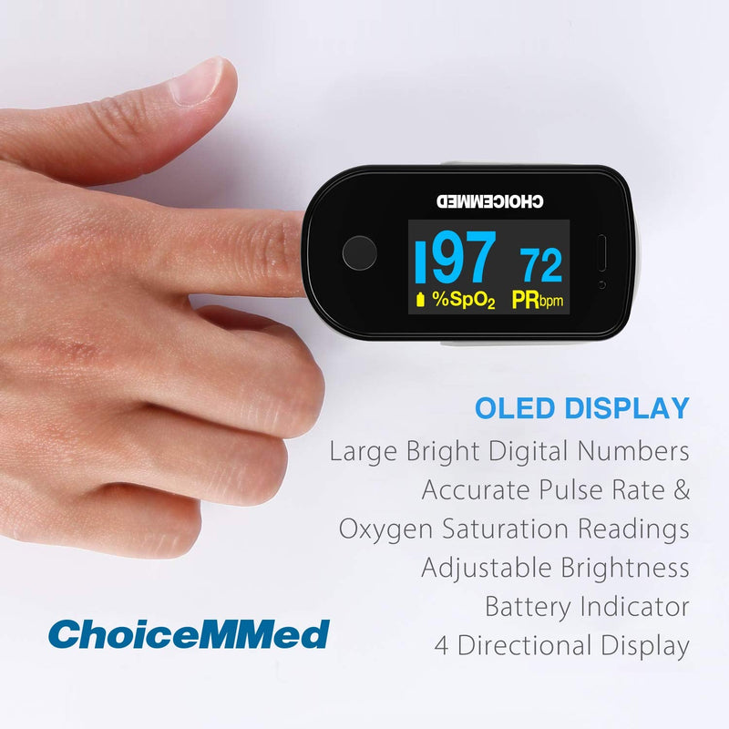 [Australia] - CHOICEMMED Black Dual Color OLED Finger Pulse Oximeter - Blood Oxygen Saturation Monitor with Color OLED Screen Display and Included Batteries - O2 Saturation Monitor 