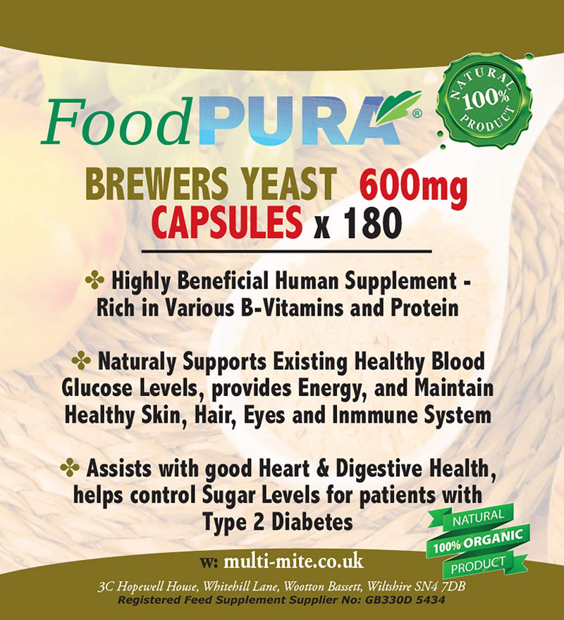 [Australia] - Food PURA 180 X Brewers Yeast Capsules HIGH Strength - Non Debittered - Take Less Tablets Daily Suitable for Vegetarians & Vegans 