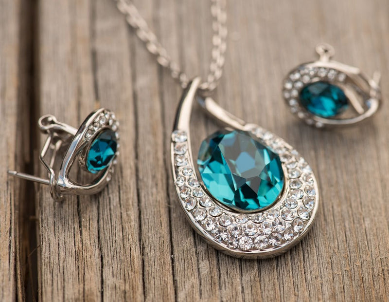 [Australia] - [Presented by Miss New York] Leafael"Angel's Teardrop" Made with Premium Crystals Blue Zircon Jewelry Set Earrings Necklace, 18" +2", Nickel/Lead/Allergy Free, Luxury Gift Box Blue Main Crystal/Silver-tone Chain 