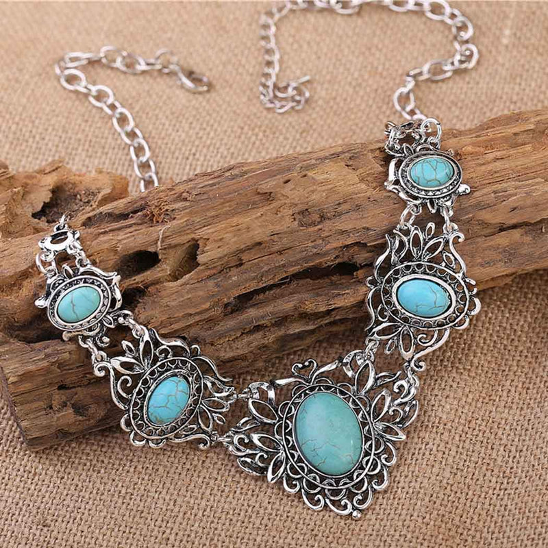 [Australia] - Turquoise Necklace Earrings Sets Bohemian Bib Pendant Costume Jewelry Fashion Geometric Flower Chain for Women and Girls Gift Christmas Thanksgiving 