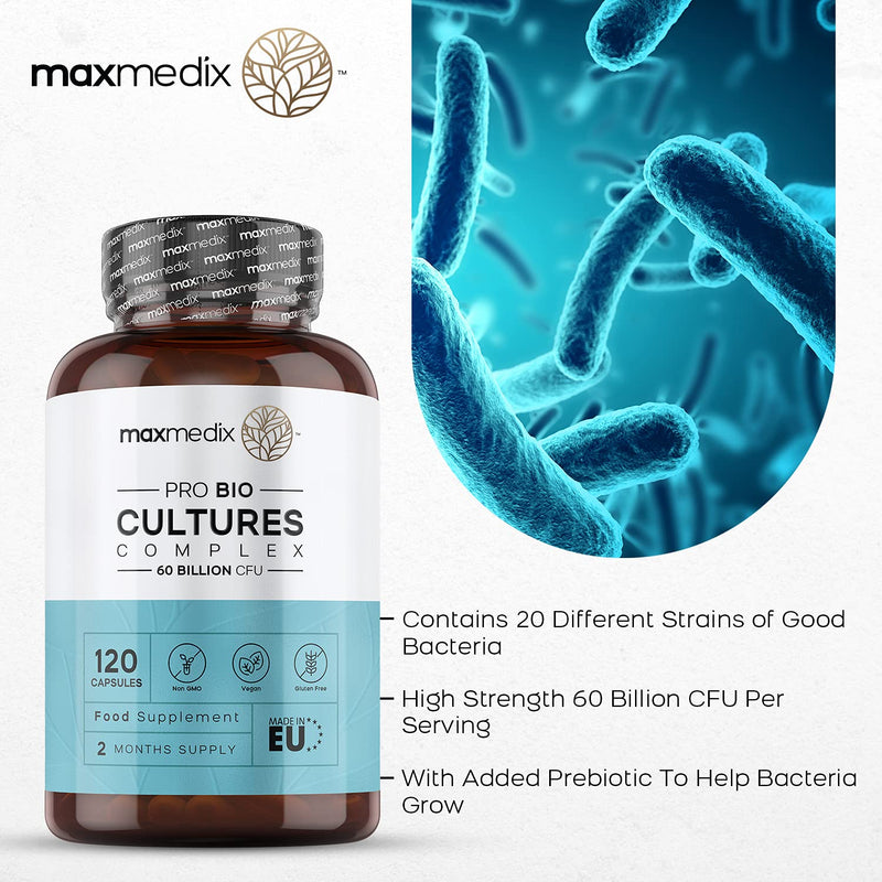 [Australia] - Bio Cultures Complex 60 Billion CFU, 20 Active Strain 120 Vegan Capsules (2 Months Supply) - Live Friendly Bacteria Gut Health Supplement for Men & Women -Lactobacillus Gasseri, Reuteri & Acidophilus 