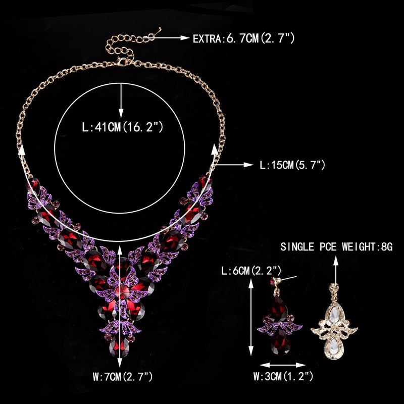[Australia] - EVER FAITH Rhinestone Crystal Elegant Wedding Flower Leaf Teardrop Necklace Earring Set Purple Gold-Tone 