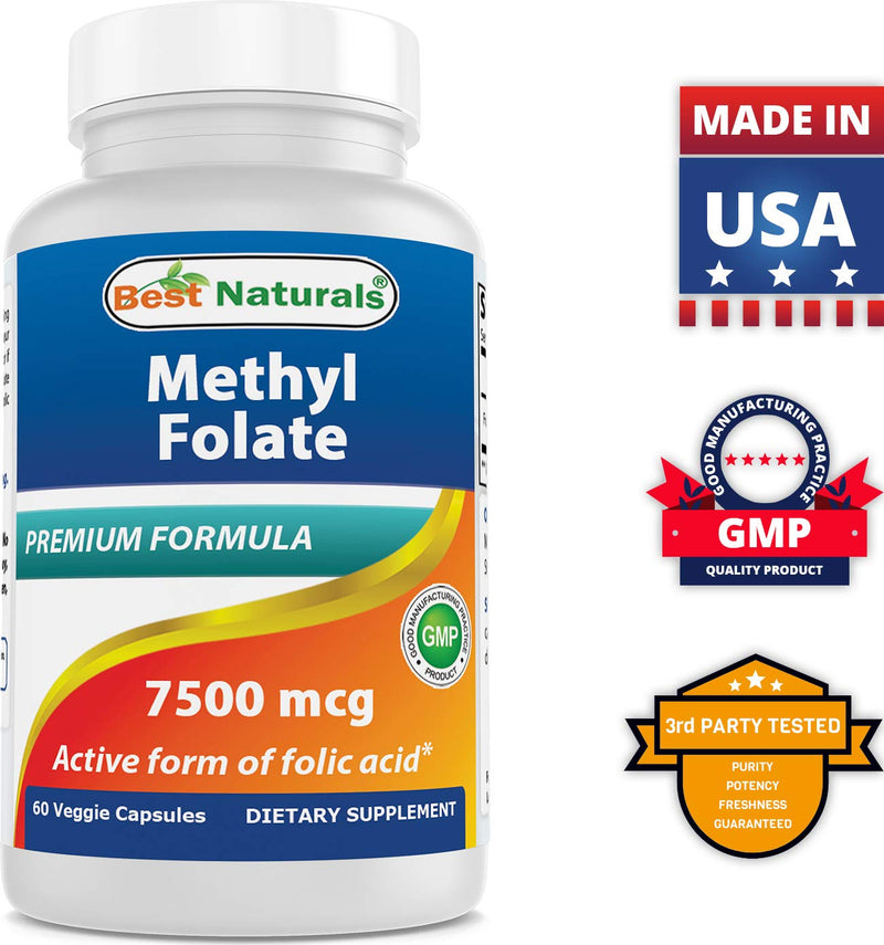[Australia] - Best Naturals Methyl Folate 7500 mcg (7.5mg) (Most Bio-Available) Veggie Capsule - Supports Cell Formation Growth Function, Brain, Memory, Cardiovascular Health, 60 Count 