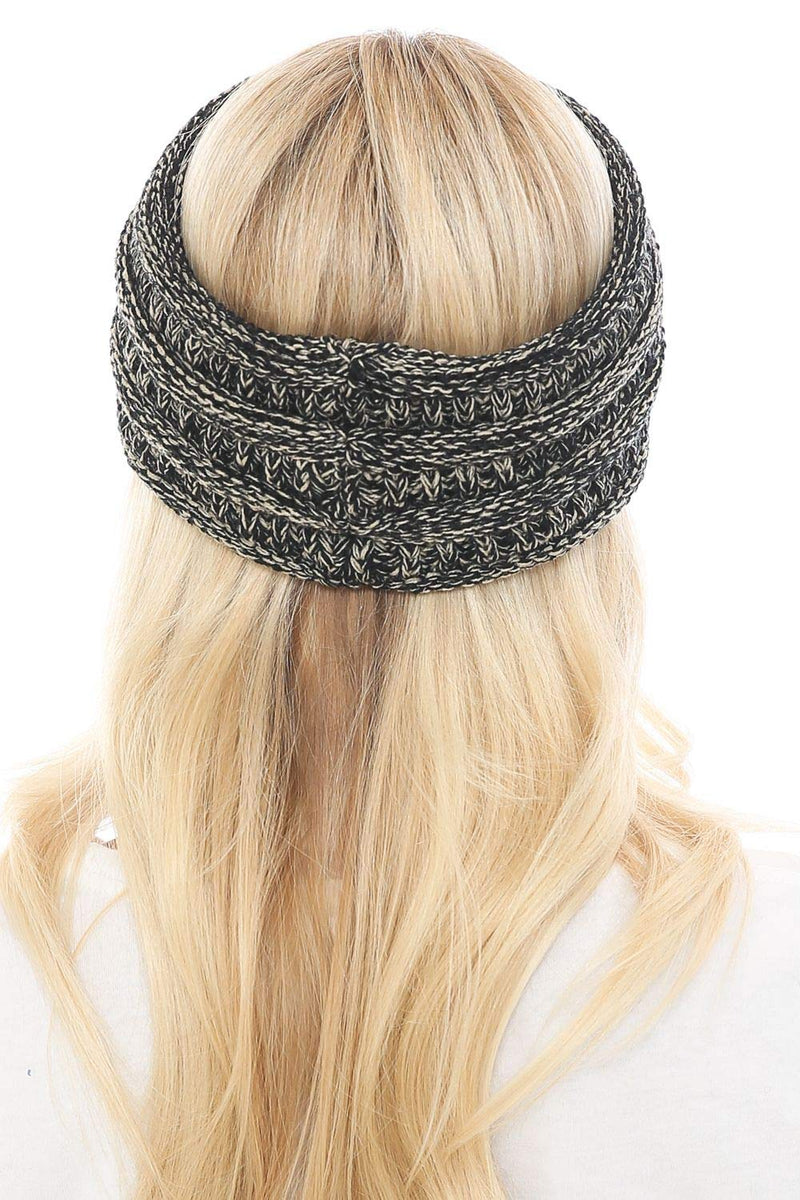 [Australia] - C.C Soft Stretch Winter Warm Cable Knit Fuzzy Lined Ear Warmer Headband 2 Tone Black/Dark Beige 