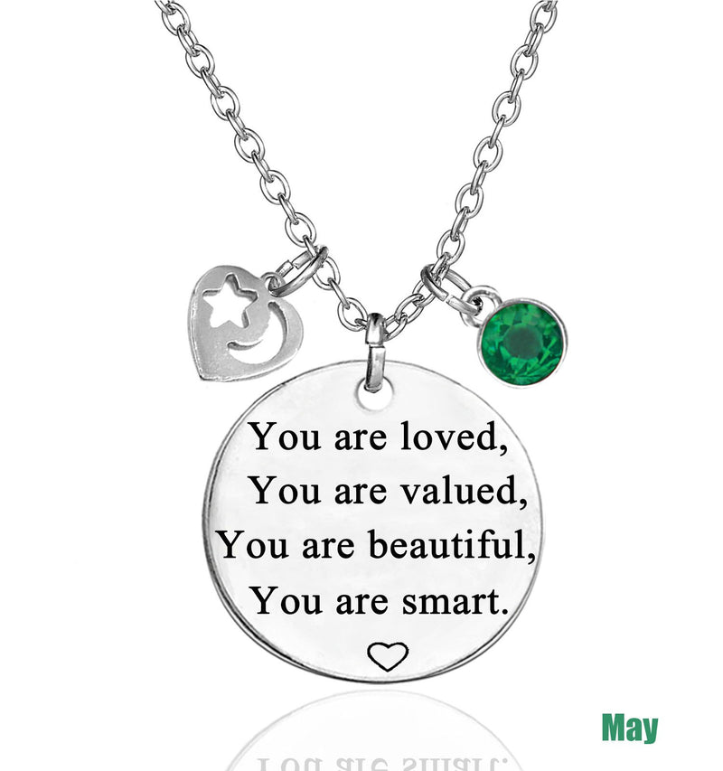 [Australia] - TISDA Birthstone Crystals Necklace,You are Loved You are Valued You are Beautiful You are Smart Necklace 18" Chain May 