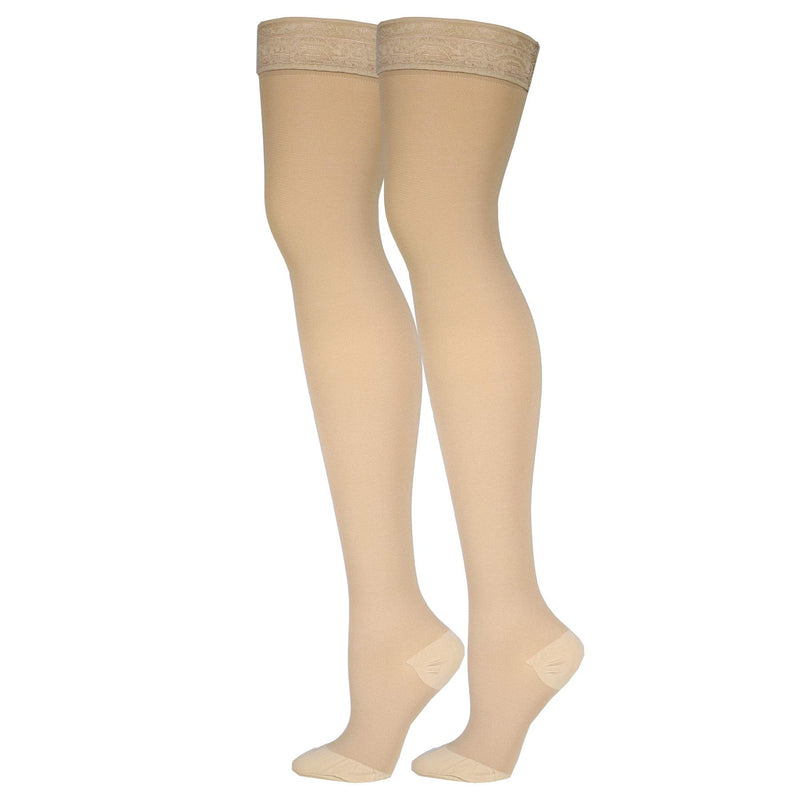 [Australia] - Truform 20-30 mmHg Compression Stockings for Women, Lace Trim Band, Thigh High Length, Closed Toe, Beige, Medium 