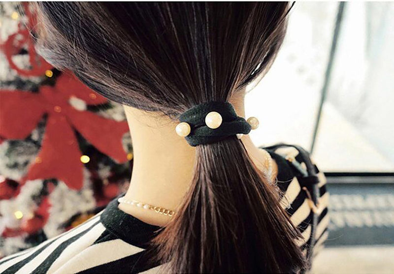 [Australia] - 20PCS Faux Pearl Seamless Elastic Hair Tie Hair Rope Stretch Ponytail Holders Hair Band Headband Hair Accessories for Women Lady Girls (Black) Black 