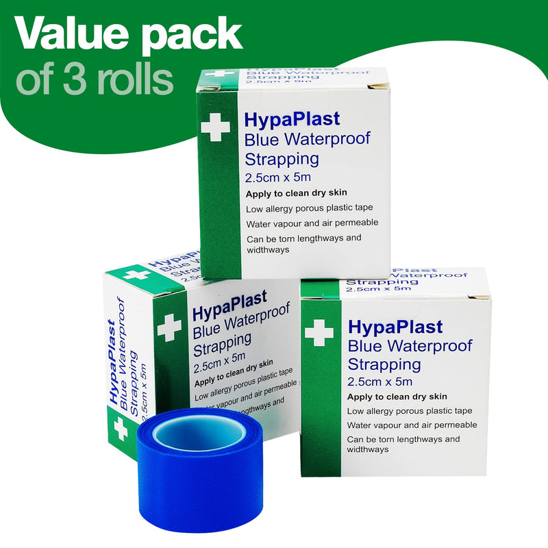 [Australia] - HypaPlast Blue Waterproof First Aid Tape for securing Plasters and Dressings, 2.5 cm x 5m, Pack of 3 Rolls 