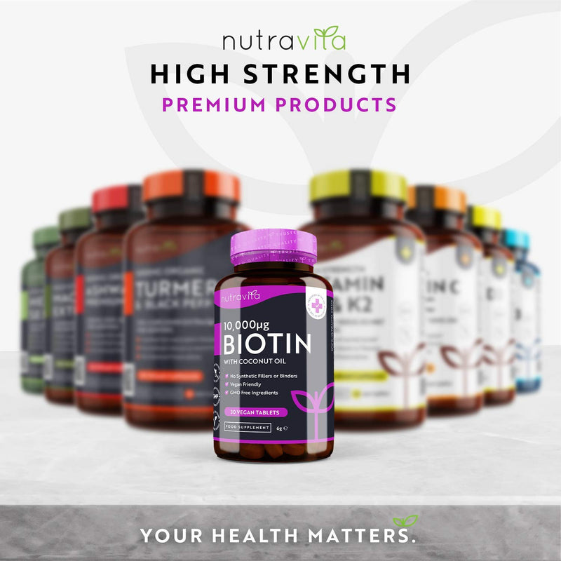 [Australia] - Biotin Hair Growth Supplement 10,000mcg - Vegan High Strength Biotin Tablets for Hair - One Month Supply Enhanced with Coconut Oil - Supports Normal Skin and Hair Growth - Made in The UK by Nutravita 30 Tablets 