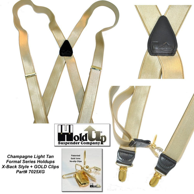 [Australia] - Holdup Suspender Brand Champagne GoldenTan narrow 1" Formal Series Suspenders with X-back crosspatch and patented Gold-tone no-slip Clips 