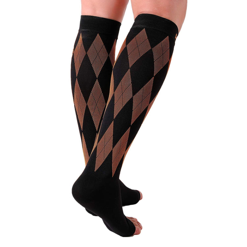[Australia] - Doc Miller Open Toe Compression Socks Women 20-30mmHg, 1 Pair Toeless Socks for Women and Men - Argyle Design Large Black.orange Open Toe 