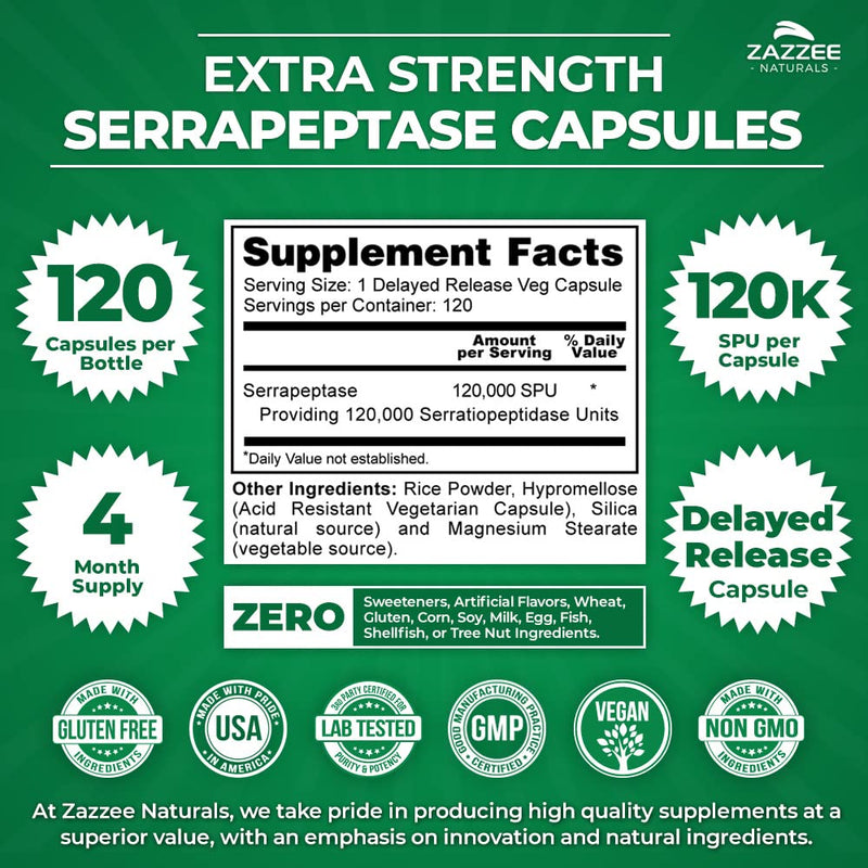 [Australia] - Zazzee Extra Strength Serrapeptase 120,000 SPU, 120 Vegan Capsules, Delayed Release, Systemic Enzymes, Supports Healthy Sinuses and a Healthy Immune System, Non-GMO and All-Natural 