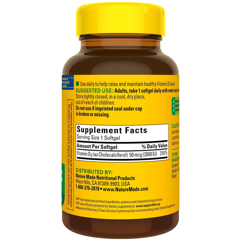 [Australia] - Nature Made Vitamin D3, 250 Softgels, Vitamin D 2000 IU (50 mcg) Helps Support Immune Health, Strong Bones and Teeth, & Muscle Function, 250% of the Daily Value for Vitamin D in One Daily Softgel 250 Count (Pack of 1) 