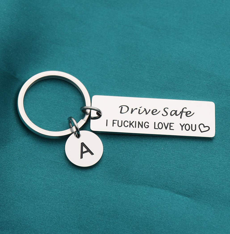 [Australia] - Kaisinse Drive Safe Keychain with Initial Charm Drive Safe I Fucking Love You Keychain for Boyfriend Girlfriend New Drive Husband Wife A 