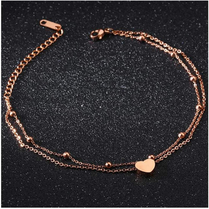 [Australia] - CEYIYA Rose Gold Ankle Bracelets for Women - Adjustable Dainty Layered Chains,Heart Butterfly Anklets 18K Gold Plated Perfect for Teen Girls and Ladies - Fashion Layered Link Foot Jewellery Rose Gold Layered Link-1 Heart 