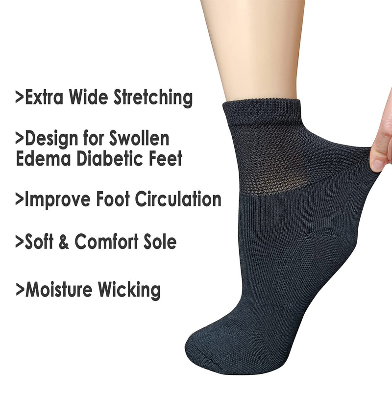 [Australia] - VEIGIKE Women Extra Wide Comfort Fit Loose Fit Quarter Socks Moisture Wicking Cushion Diabetic Socks Loose Fit for Wide Swollen Feet Ankle 4 pairs 9-11, Black, One Size 
