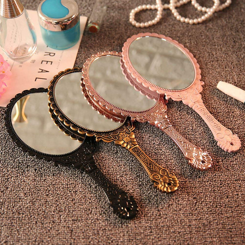 [Australia] - AKOAK 1 Pack Creative Retro Pattern Handle Makeup Mirror Portable Carry-on Lace Mirror Hand-held Mirror Makeup Tool (Rose Gold) Rose Gold 